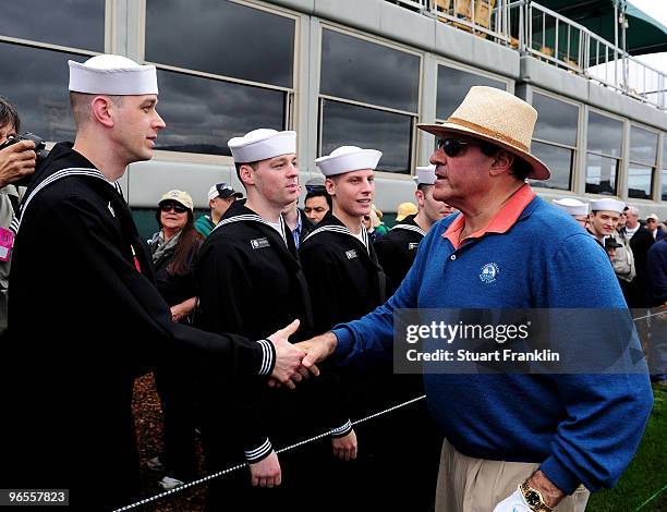 Chris Berman greets U.S. Navy personnel during the 3M Celebrity Challenge at the AT&T Pebble Beach National Pro-Am at Pebble Beach Golf Links on...
