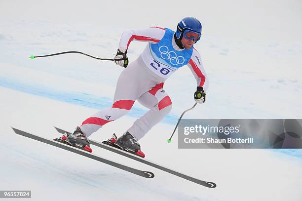 Hans Grugger of Austria practices during the Men's Downhill skiing 1st training run ahead of the Vancouver 2010 Winter Olympics on February 10, 2010...