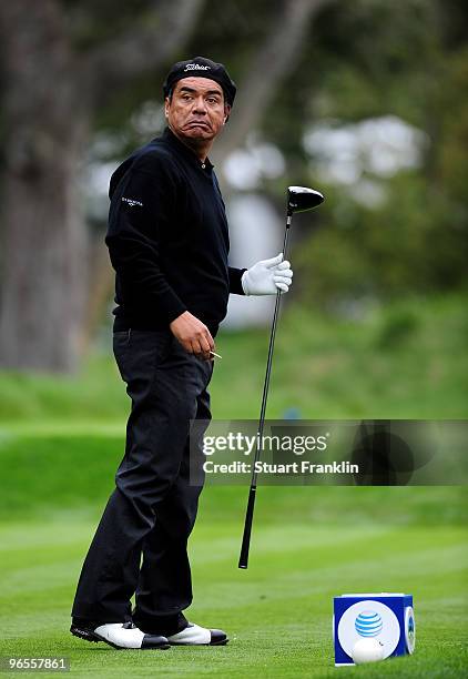 George Lopez watches a shot during the 3M Celebrity Challenge at the AT&T Pebble Beach National Pro-Am at Pebble Beach Golf Links on February 10,...