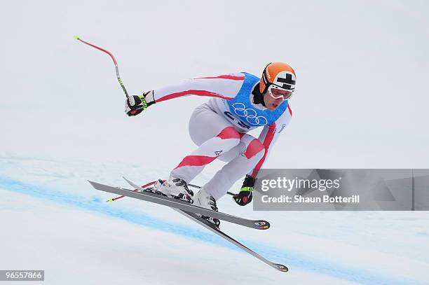 Romed Baumann of Austria practices during the Men's Downhill skiing 1st training run ahead of the Vancouver 2010 Winter Olympics on February 10, 2010...
