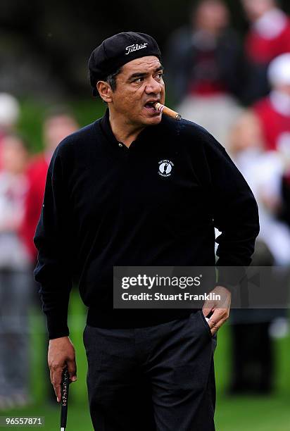 George Lopez smokes his cigar during the 3M Celebrity Challenge at the AT&T Pebble Beach National Pro-Am at Pebble Beach Golf Links on February 10,...