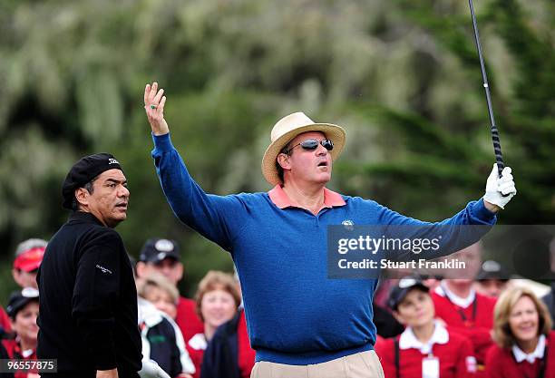 George Lopez and Chris Berman react to a shot during the 3M Celebrity Challenge at the AT&T Pebble Beach National Pro-Am at Pebble Beach Golf Links...