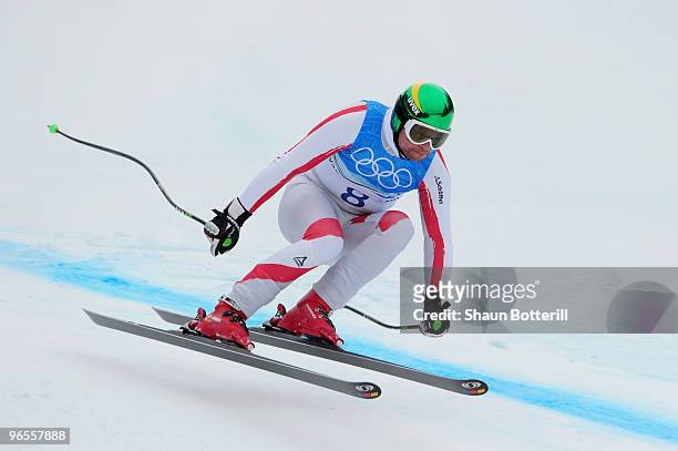 Klaus Kroell of Austria practices during the Men's Downhill skiing 1st training run ahead of the Vancouver 2010 Winter Olympics on February 10, 2010...