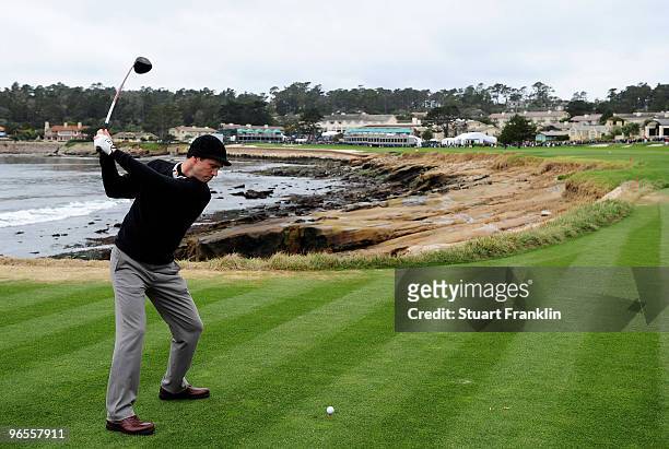 Actor Jeffrey Donovan plays a shot during the 3M Celebrity Challenge at the AT&T Pebble Beach National Pro-Am at Pebble Beach Golf Links on February...