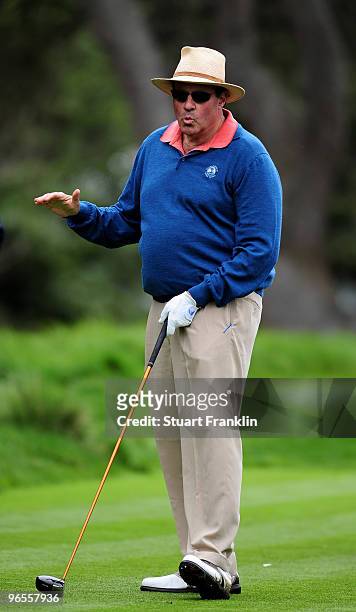 Chris Berman gestures after playing a shot during the 3M Celebrity Challenge at the AT&T Pebble Beach National Pro-Am at Pebble Beach Golf Links on...
