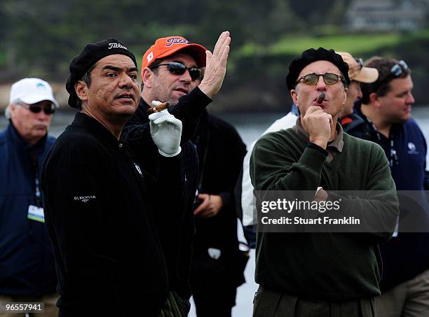 George Lopez, Huey Lewis and Andy Garcia talk during the 3M Celebrity Challenge at the AT&T Pebble Beach National Pro-Am at Pebble Beach Golf Links...