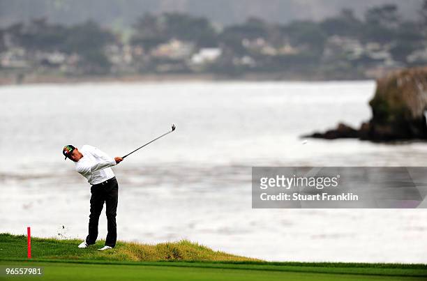 Kelly Slater plays a shot during the 3M Celebrity Challenge at the AT&T Pebble Beach National Pro-Am at Pebble Beach Golf Links on February 10, 2010...
