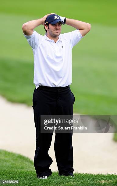 Tony Romo waits to play during the 3M Celebrity Challenge at the AT&T Pebble Beach National Pro-Am at Pebble Beach Golf Links on February 10, 2010 in...