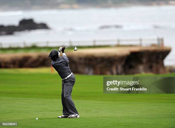 Actor Don Cheadle plays a shot during the 3M Celebrity Challenge at the AT&T Pebble Beach National Pro-Am at Pebble Beach Golf Links on February 10,...