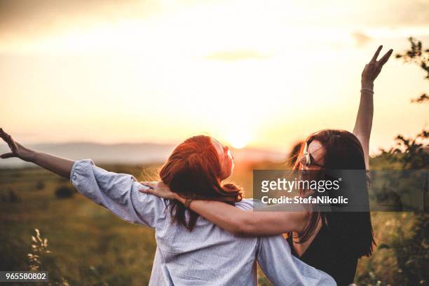 tiener meisjes kijken naar de zonsondergang - vriendin stockfoto's en -beelden