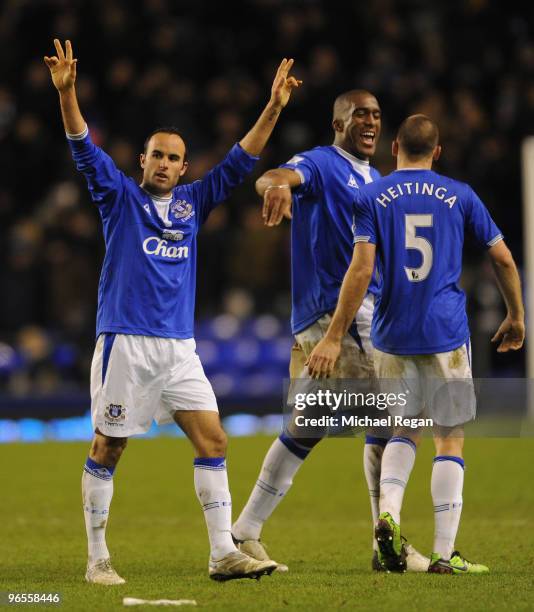 Landon Donovan of Everton celebrates with his team mates at the end of the Barclays Premier League match between Everton and Chelsea at Goodison Park...