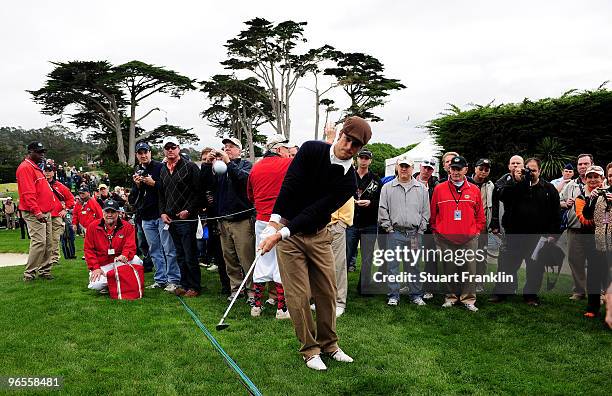 Oliver Hudson plays a shot during the 3M Celebrity Challenge at the AT&T Pebble Beach National Pro-Am at Pebble Beach Golf Links on February 10, 2010...