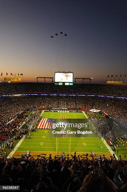 Super Bowl XLIV: Overall view of Sun Life Stadium as US Air Force Thunderbirds perform flyover before New Orleans Saints vs Indianapolis Colts....