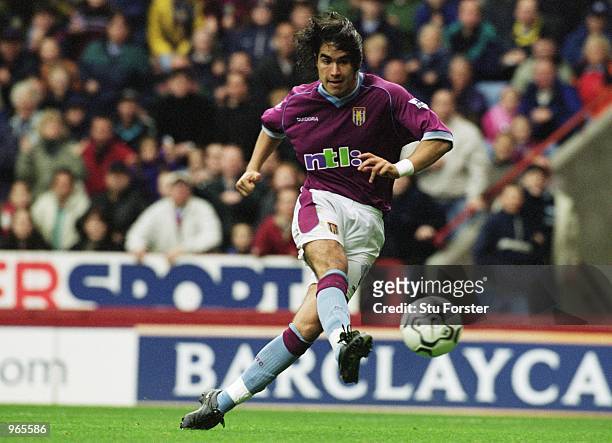 Juan Pablo Angel of Aston Villa scores the opening goal of the match during the FA Barclaycard Premiership match against Blackburn Rovers played at...