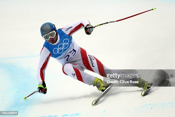 Georg Streitberger of Austria competes in the men's alpine skiing downhill practice held at Whistler Creekside ahead of the Vancouver 2010 Winter...
