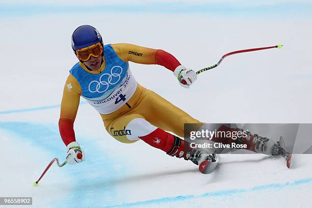 Erik Guay of Canada competes in the men's alpine skiing downhill practice held at Whistler Creekside ahead of the Vancouver 2010 Winter Olympics on...