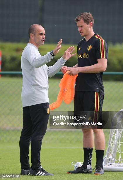 Roberto MARTINEZ and Jan VERTONGHEN pictured during a training session of the Belgian national soccer team " Red Devils " at the Belgian National...