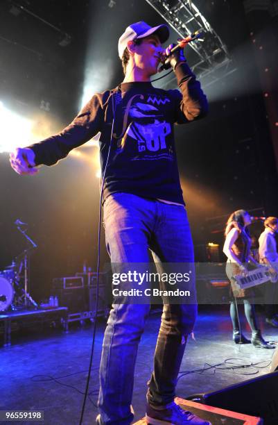 Gabe Saporta of Cobra Starship performs on stage at Shepherds Bush Empire on February 10, 2010 in London, England.