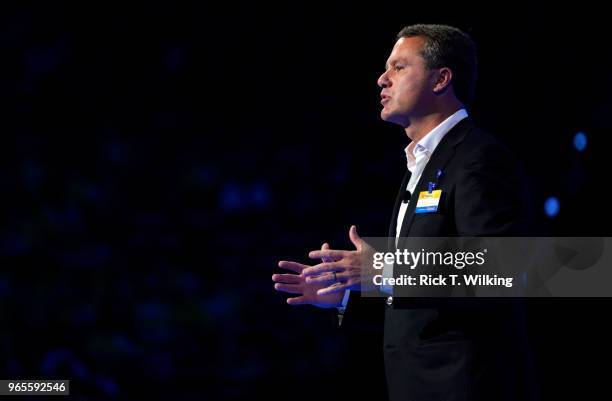 Doug McMillon, Walmart CEO, delivers his keynote during the annual shareholders meeting event on June 1, 2018 in Fayetteville, Arkansas. The...