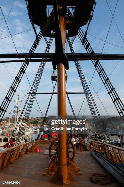 Detail of the HM Bark Endeavour, a replica of Captain Cook's famous ship, HMS Endeavour as it is tied up in Whitby Harbour following refurbishment...