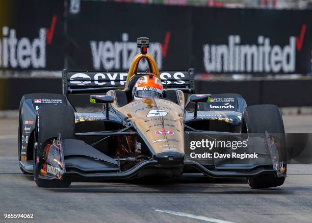 James Hinchcliffe of the Verizion Indycar Series drives in the practice round during 2018 Chevrolet Detroit Grand Prix at Belle Isle on June 1, 2018...