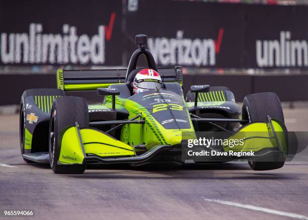 Charlie Kimball of the Verizion Indycar Series drives in the practice round during 2018 Chevrolet Detroit Grand Prix at Belle Isle on June 1, 2018 in...