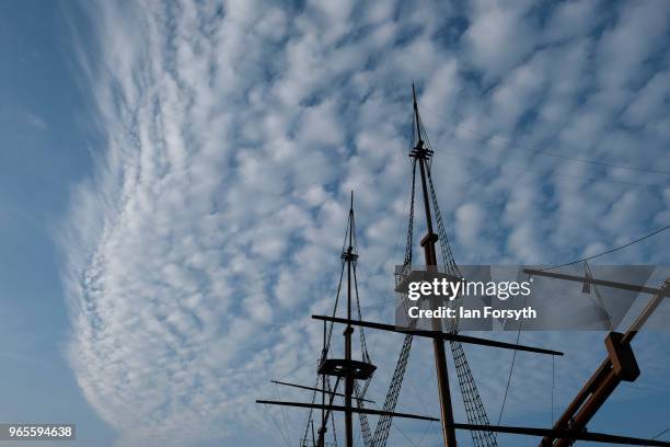 Detail of the HM Bark Endeavour, a replica of Captain Cook's famous ship, HMS Endeavour as it is tied up in Whitby Harbour following refurbishment...