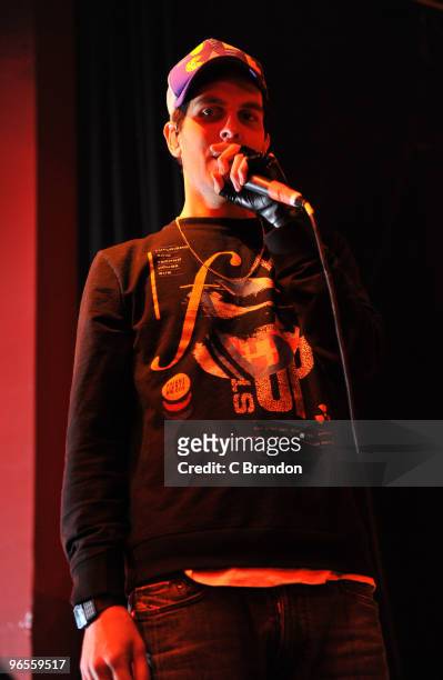 Gabe Saporta of Cobra Starship performs on stage at Shepherds Bush Empire on February 10, 2010 in London, England.