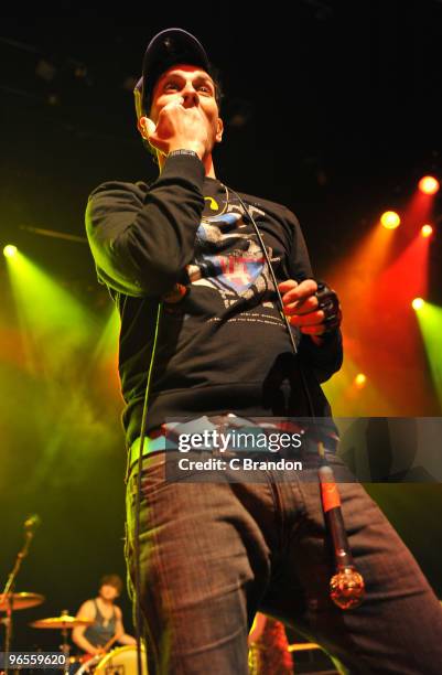 Gabe Saporta of Cobra Starship performs on stage at Shepherds Bush Empire on February 10, 2010 in London, England.