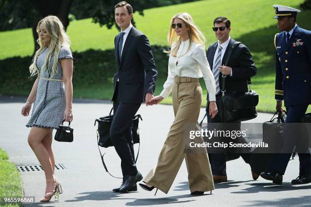 Tiffany Trump, White House Senior Advisor Jared Kushner and his wife Ivanka Trump leave the White House June 1, 2018 in Washington, DC. The The...