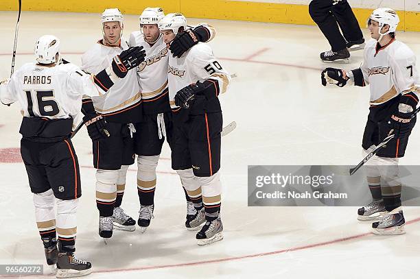 The Anaheim Ducks celebrate a third period goal from teammate Troy Bodie during the game against the Los Angeles Kings on February 4, 2010 at Staples...