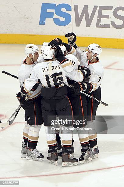The Anaheim Ducks celebrate a third period goal from teammate Troy Bodie during the game against the Los Angeles Kings on February 4, 2010 at Staples...