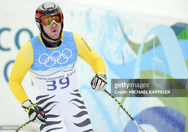 Germany's Stephan Keppler is seen in the finish area during the first official training for the Men's Olympic downhill at Whistler Creek side Alpine...