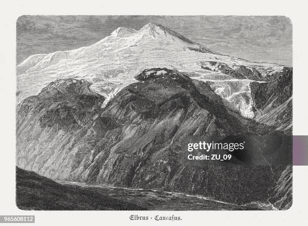 mount elbrus, caucasus mountains, russia, wood engraving, published in 1897 - elbrus stock illustrations