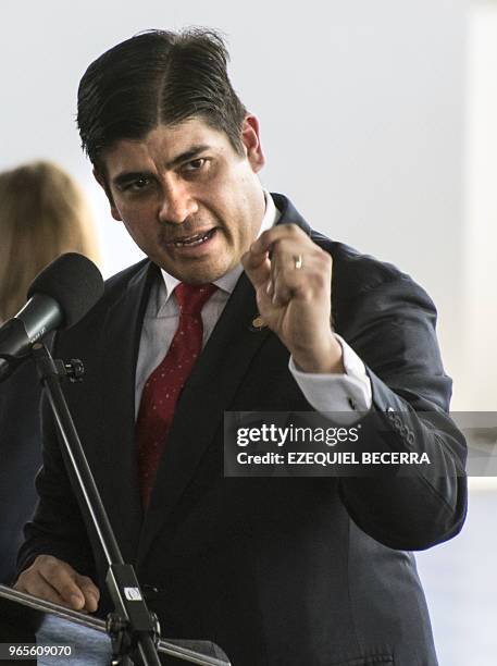 Costa Rican President Carlos Alvarado gives a speech during the ceremony for the swearing-in of the national football team at the Gol Project, in San...