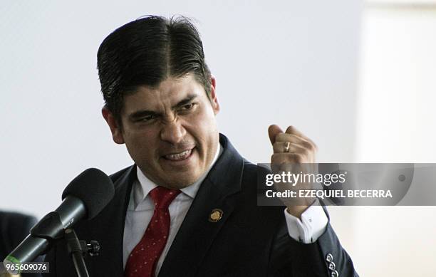 Costa Rican President Carlos Alvarado gives a speech during the ceremony for the swearing-in of the national football team at the Gol Project, in San...