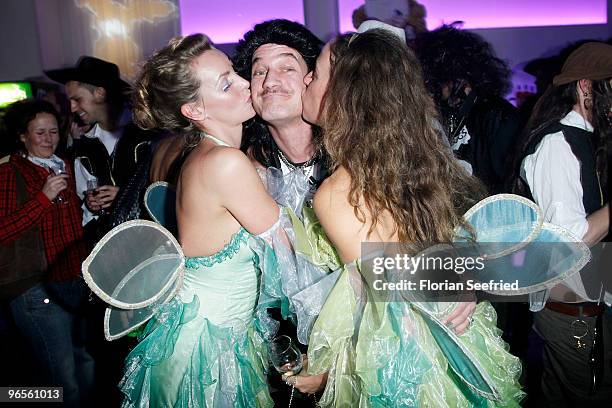 Actress Simone Hanselmann as fairy and actor Wotan Wilke Moehring as prole and Ulrike Beck as fairy attend the 'Zweiohrkueken Gold-Kostuemparty' at...