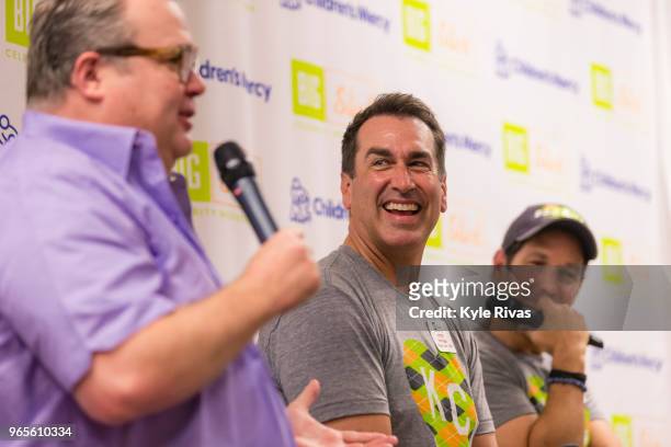 Eric Stonestreet, Rob Riggle and Paul Rudd respond to questions at a press conference at Children's Mercy Hospital during the Big Slick Celebrity...
