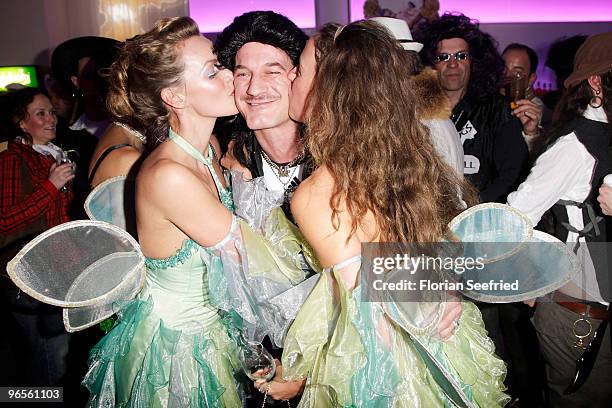 Actress Simone Hanselmann as fairy and actor Wotan Wilke Moehring as prole and Ulrike Beck as fairy attend the 'Zweiohrkueken Gold-Kostuemparty' at...