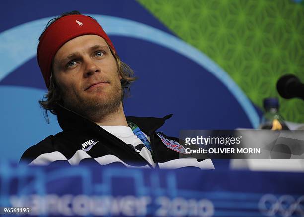 Skier Steven Nyman attends a press conference after the first official training for the Men's Olympic downhill at Whistler Media Center on February...