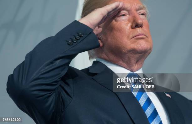 President Donald Trump salutes during a Change of Command ceremony as Admiral Karl Schultz takes over from Admiral Paul Zukunft as the Commandant of...