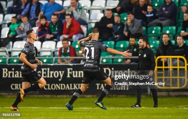 Dublin , Ireland - 1 June 2018; Daniel Cleary of Dundalk celebrates towards Shamrock Rovers manager Stephen Bradley after scoring his side's second...