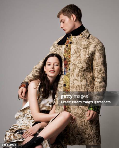 Models Alice Gilbert and Adrien Jacques pose at a fashion shoot for Madame Figaro on November 14, 2017 in Paris, France. Alice: dress, earrings,...