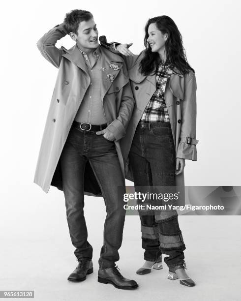 Models Alice Gilbert and Adrien Jacques pose at a fashion shoot for Madame Figaro on November 14, 2017 in Paris, France. Adrien: trenchcoat by Paul...