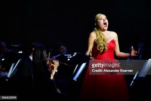 Singer Elena Maximova performs on stage during the LIFE+ Celebration Concert at Burgtheater on June 1, 2018 in Vienna, Austria. The concert marks the...