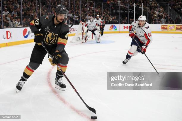 Luca Sbisa of the Vegas Golden Knights plays against Andre Burakovsky of the Washington Capitals during Game Two of the 2018 NHL Stanley Cup Final at...