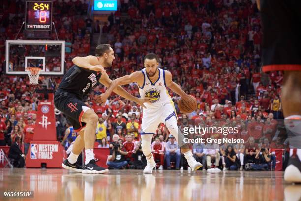 Playoffs: Golden State Warriors Stephen Curry in action vs Houston Rockets Ryan Anderson at Toyota Center. Game 7. Houston, TX 5/28/2018 CREDIT: Greg...