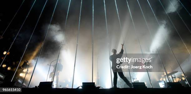 The Austrian band 'Bilderbuch' with singer Maurice Ernst perform at Rock im Park 2018 festival at Zeppelinfeld on June 1, 2018 in Nuremberg, Germany.