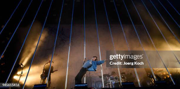 The Austrian band 'Bilderbuch' with singer Maurice Ernst perform at Rock im Park 2018 festival at Zeppelinfeld on June 1, 2018 in Nuremberg, Germany.