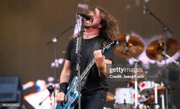 The US rock band 'Foo Fighters' with singer Dave Grohl perform at Rock im Park 2018 festival at Zeppelinfeld on June 1, 2018 in Nuremberg, Germany.